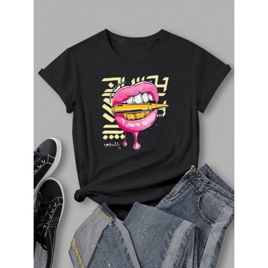 Women Lip Graphic Crew Neck T Shirts