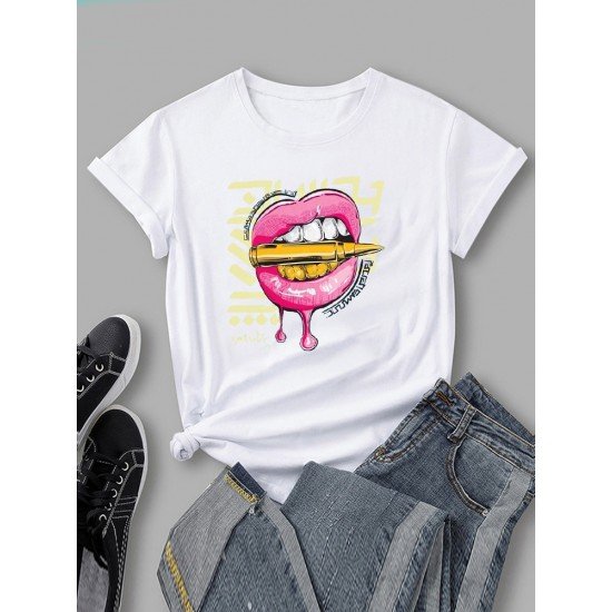 Women Lip Graphic Crew Neck T Shirts