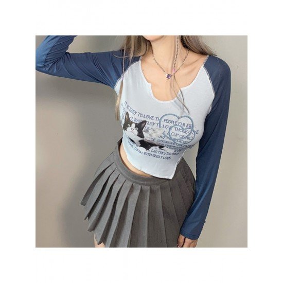 Vintage Cat Graphic V Neck Crop T Shirts