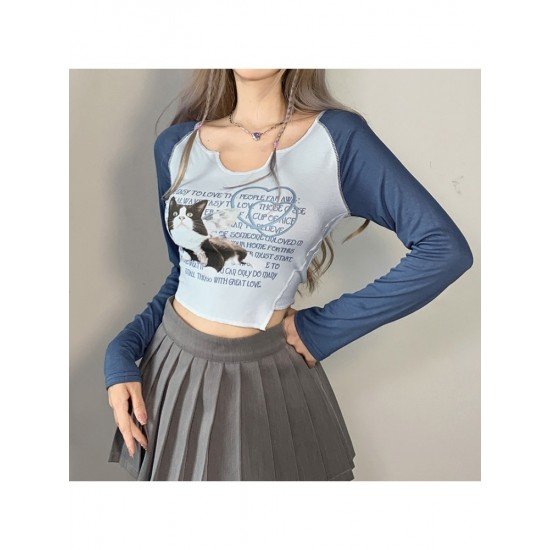 Vintage Cat Graphic V Neck Crop T Shirts