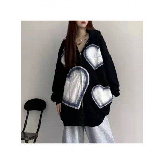 Heart Pattern Black Oversized Hooded Collar Coats