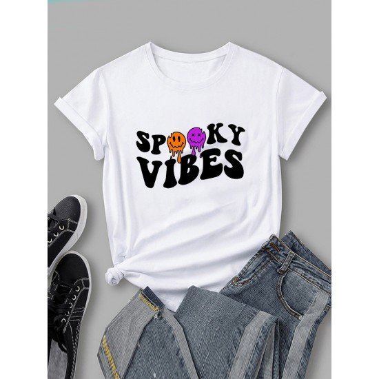 Smile Face Letter Printed Graphic T Shirt Tops