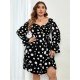 Plus Size Black Dots Puff Sleeve Ruffle Dresses