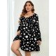 Plus Size Black Dots Puff Sleeve Ruffle Dresses