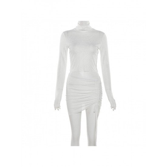 White Matching Ruched 2 Piece Skirt Sets