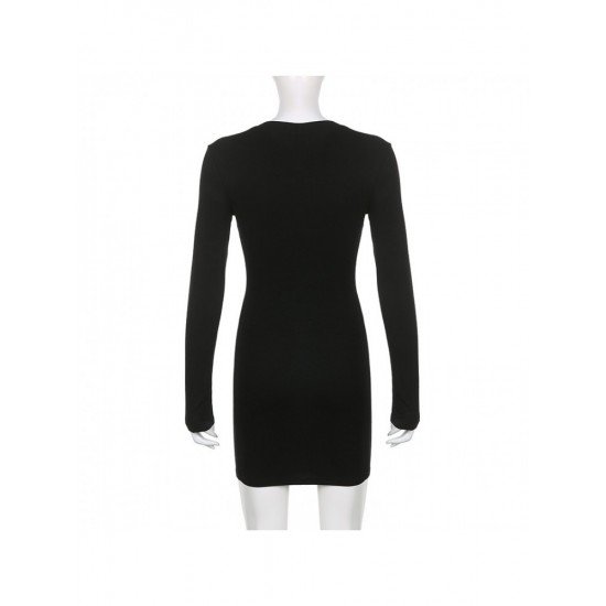 Casual Simple Black V Neck Long Sleeve Short Dress