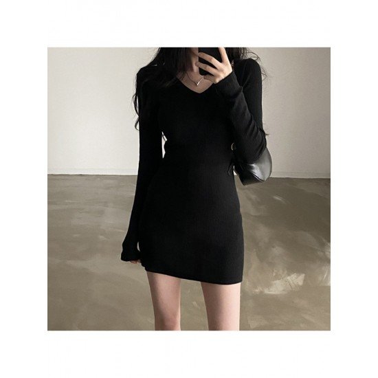 Casual Simple Black V Neck Long Sleeve Short Dress