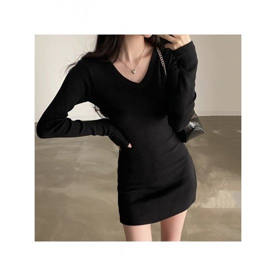 Casual Simple Black V Neck Long Sleeve Short Dress