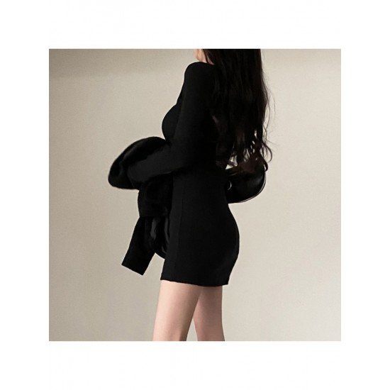 Casual Simple Black V Neck Long Sleeve Short Dress