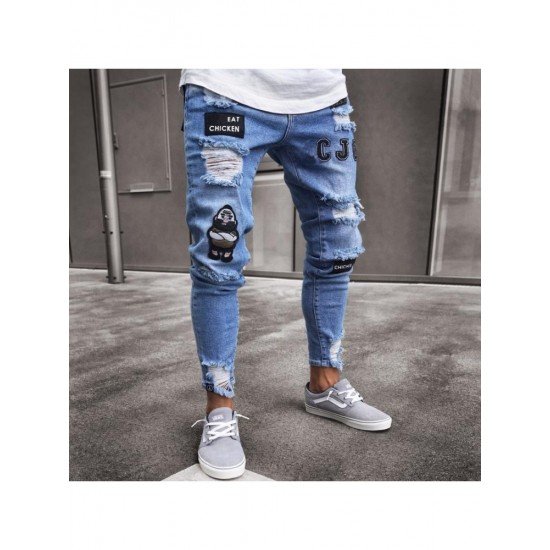 Embroidery White Ripped Jean Trousers For Men