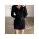 Casual Simple Black V Neck Long Sleeve Short Dress