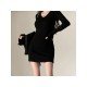 Casual Simple Black V Neck Long Sleeve Short Dress