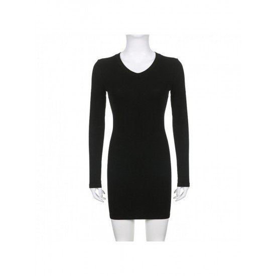 Casual Simple Black V Neck Long Sleeve Short Dress