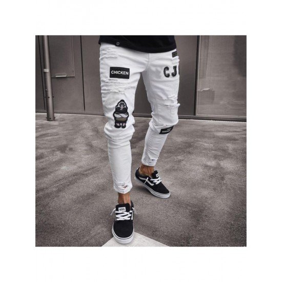 Embroidery White Ripped Jean Trousers For Men