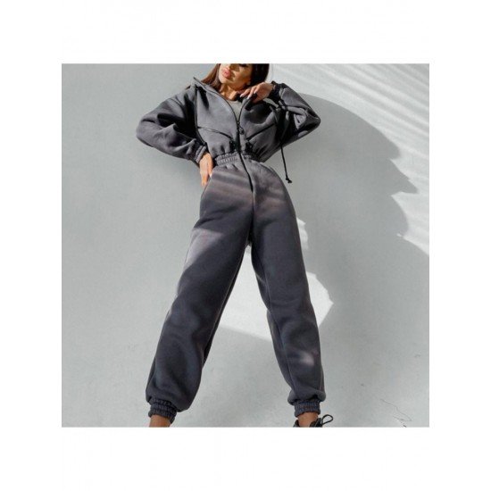 Zip Hooded Collar Sports Jumpsuits For Women