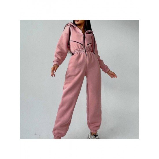 Zip Hooded Collar Sports Jumpsuits For Women