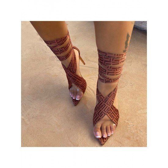 Women Printed Pointed Lace Up Heeled Sandals 