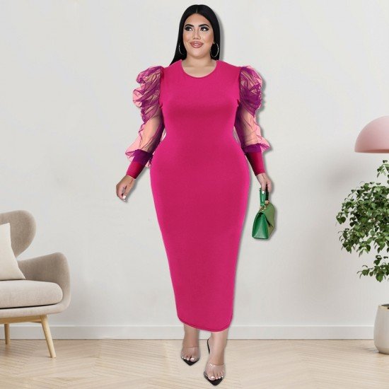  Pure Color Round Neck Long Sleeve Dress