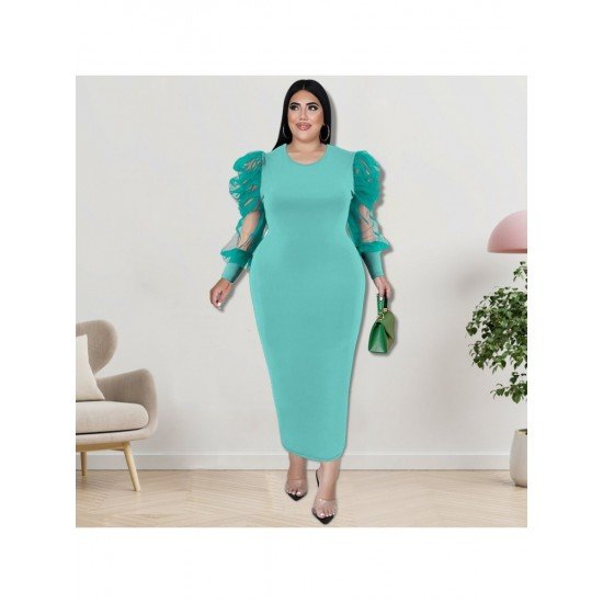  Pure Color Round Neck Long Sleeve Dress