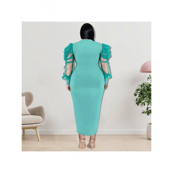  Pure Color Round Neck Long Sleeve Dress