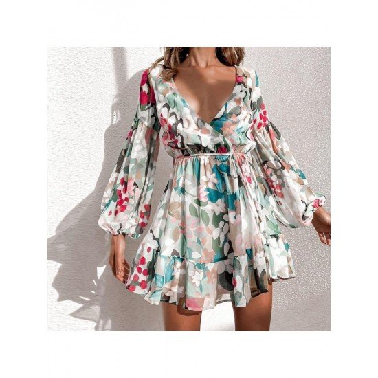 Vacation Printed Ruffles Lantern Sleeve Short Dress