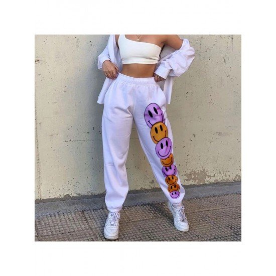 White Smiling Face Printed Sports Trousers For Women