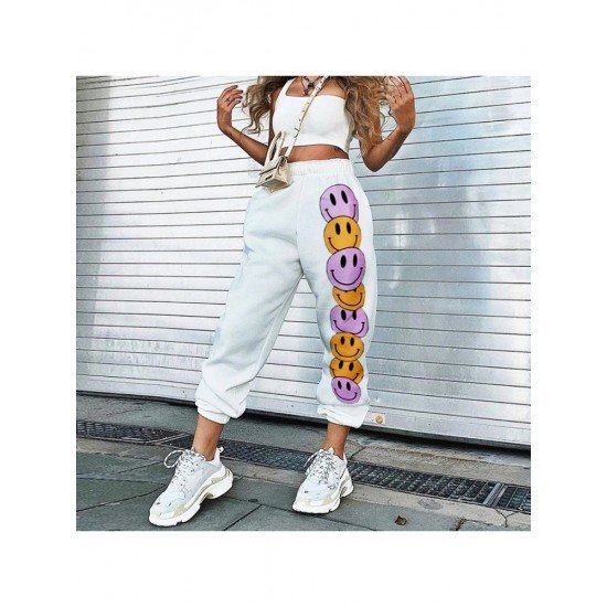 White Smiling Face Printed Sports Trousers For Women