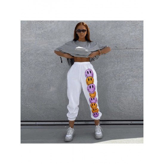 White Smiling Face Printed Sports Trousers For Women