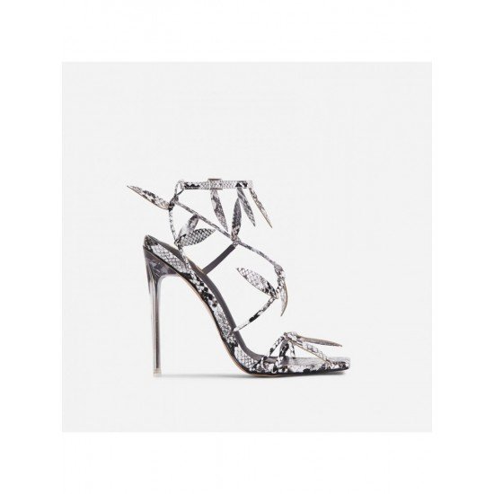 Snake Printed Leaf Stiletto Ankle Strap Heels 