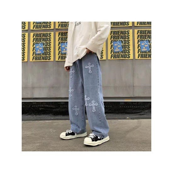 Patchwork Cross Wide Leg Blue Jeans For Women