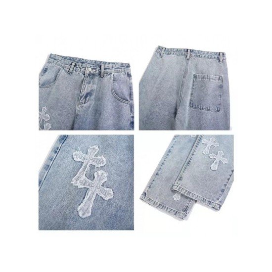 Patchwork Cross Wide Leg Blue Jeans For Women