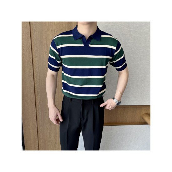 Men's Color-Block Striped Short Sleeve Polo Shirt