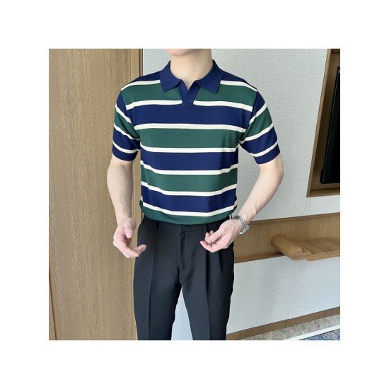 Men's Color-Block Striped Short Sleeve Polo Shirt