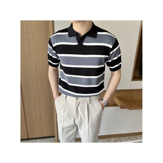 Men's Color-Block Striped Short Sleeve Polo Shirt