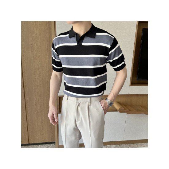 Men's Color-Block Striped Short Sleeve Polo Shirt