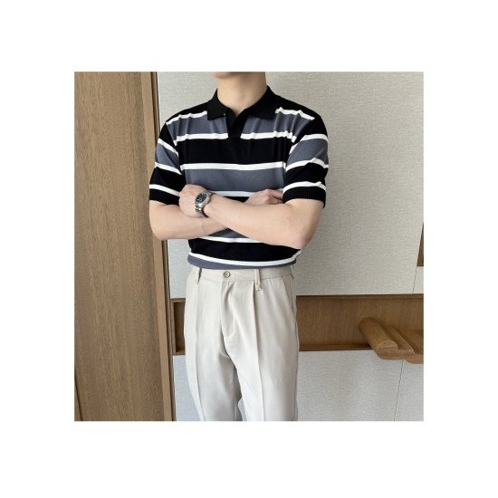 Men's Color-Block Striped Short Sleeve Polo Shirt