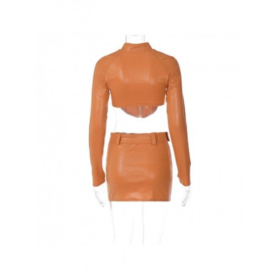 Street Solid Cropped Jackets And Skirt Sets 