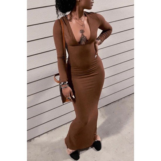 Low Cut Solid Long Sleeve Maxi Dress