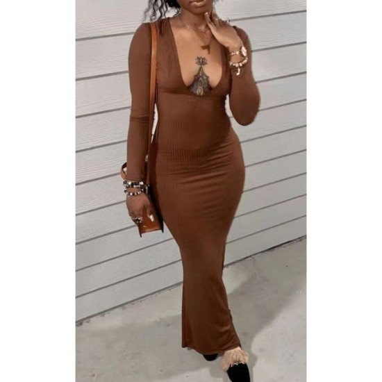 Low Cut Solid Long Sleeve Maxi Dress