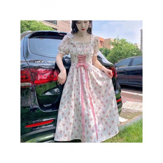  French Sweet Square Collar Floral Women's Dress