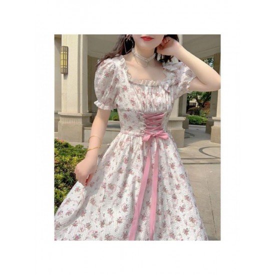  French Sweet Square Collar Floral Women's Dress