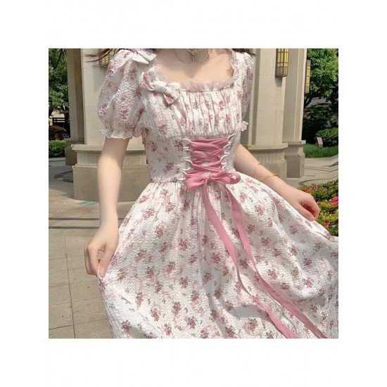  French Sweet Square Collar Floral Women's Dress