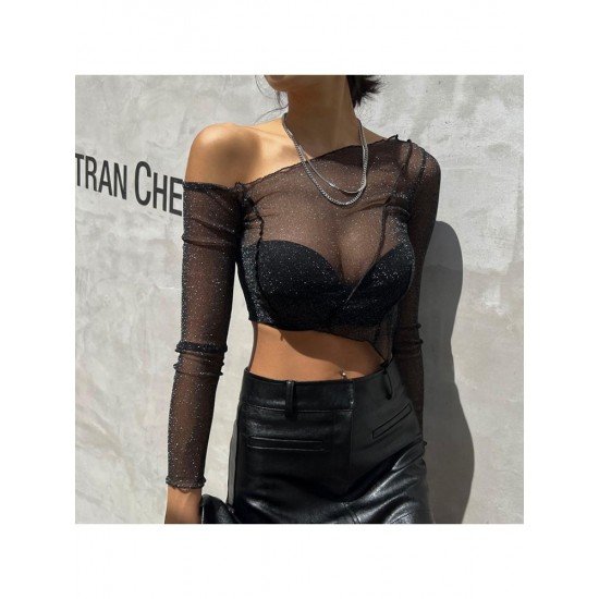 Inclined Shoulder See Through Sexy Ladies Tops