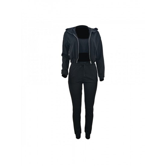 Solid Hooded Coat 3 Piece Pant Sets For Women