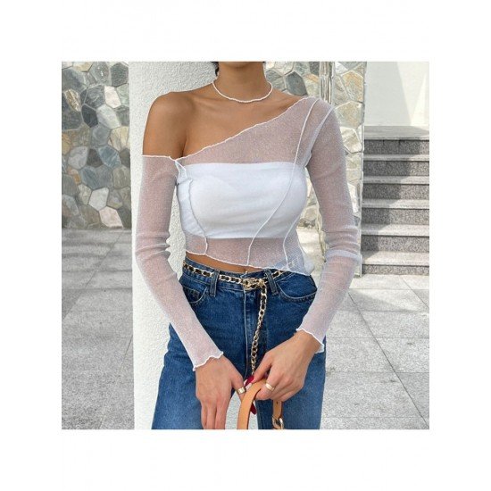 Inclined Shoulder See Through Sexy Ladies Tops