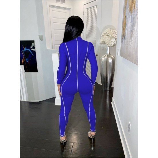 Patchwork Zipper Up Long Sleeve Skinny Jumpsuits