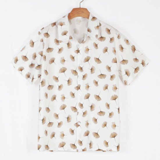 Apricot Leaf Printed Short Sleeve Men Shirts 