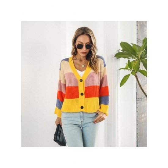  Casual Loose V Neck Contrast Color Knitted Sweater