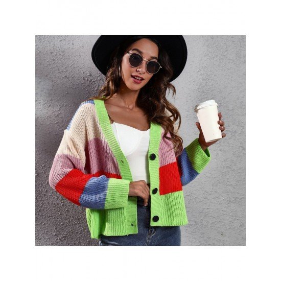  Casual Loose V Neck Contrast Color Knitted Sweater