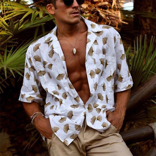 Apricot Leaf Printed Short Sleeve Men Shirts 